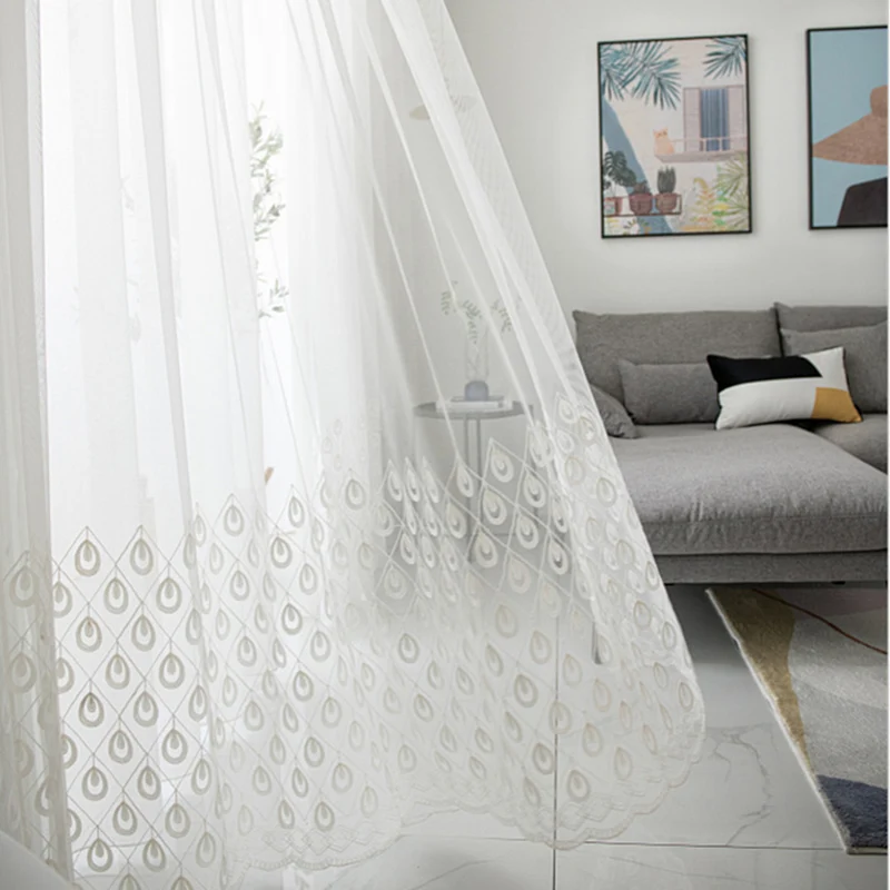 Тюль с вышитыми белыми птицами и перьями занавески для гостиной полупрозрачная