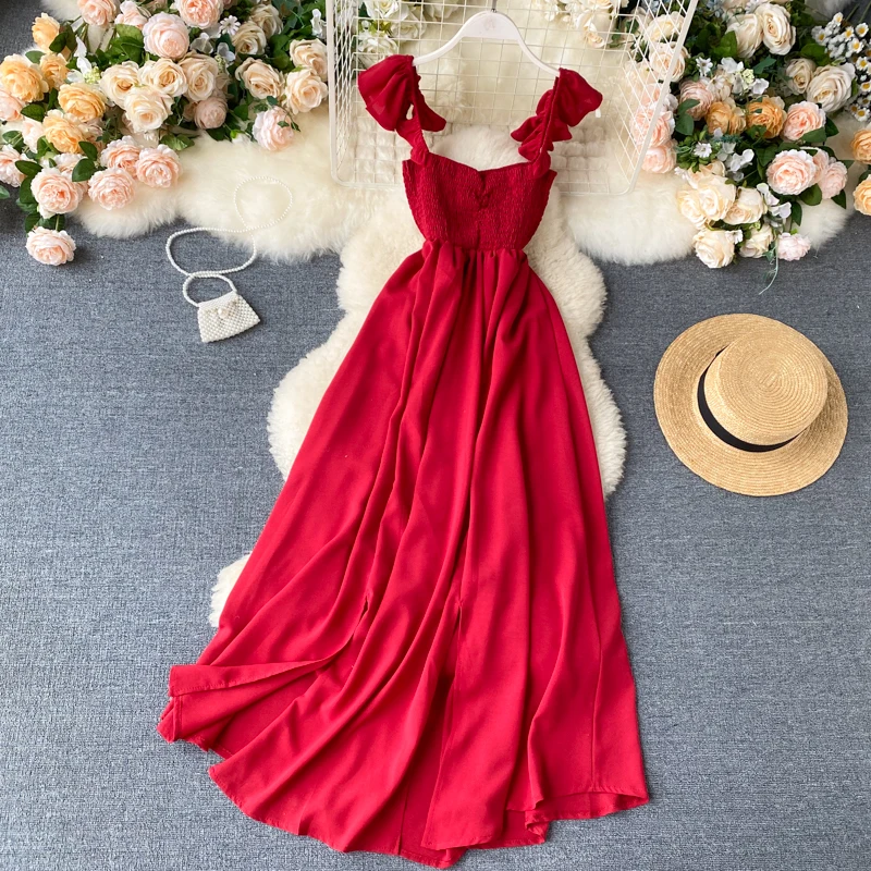 

2021 High Waist Slash Neck Women Long Dress Elegant Big Swing A-line Vestidos Verano Vintage Green/Red Party Dress For Female