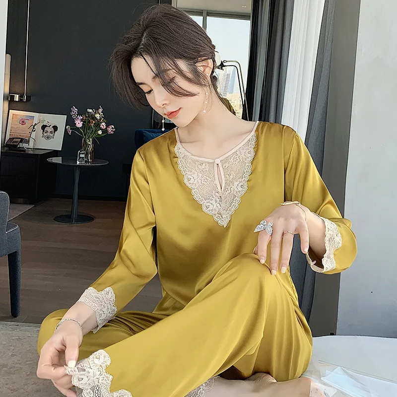 2021 Spring Women Satin Pajamas Nightwear With Lace Decoration Ladies Homewear Suit 2 Pieces a Set Top and Pants