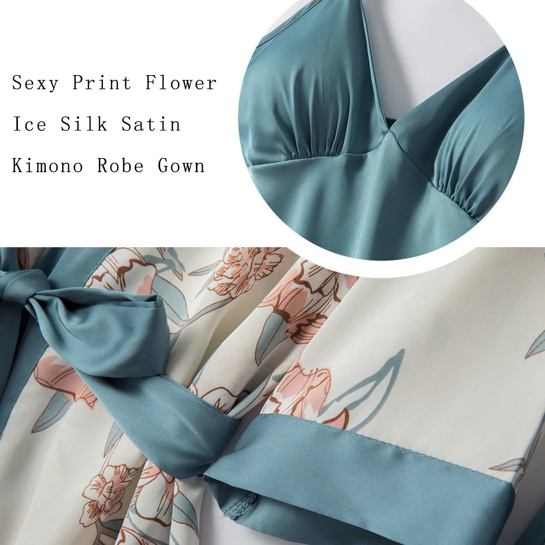 Комплект халат-кимоно Женский атласный из 5 предметов одежда для сна с цветочным