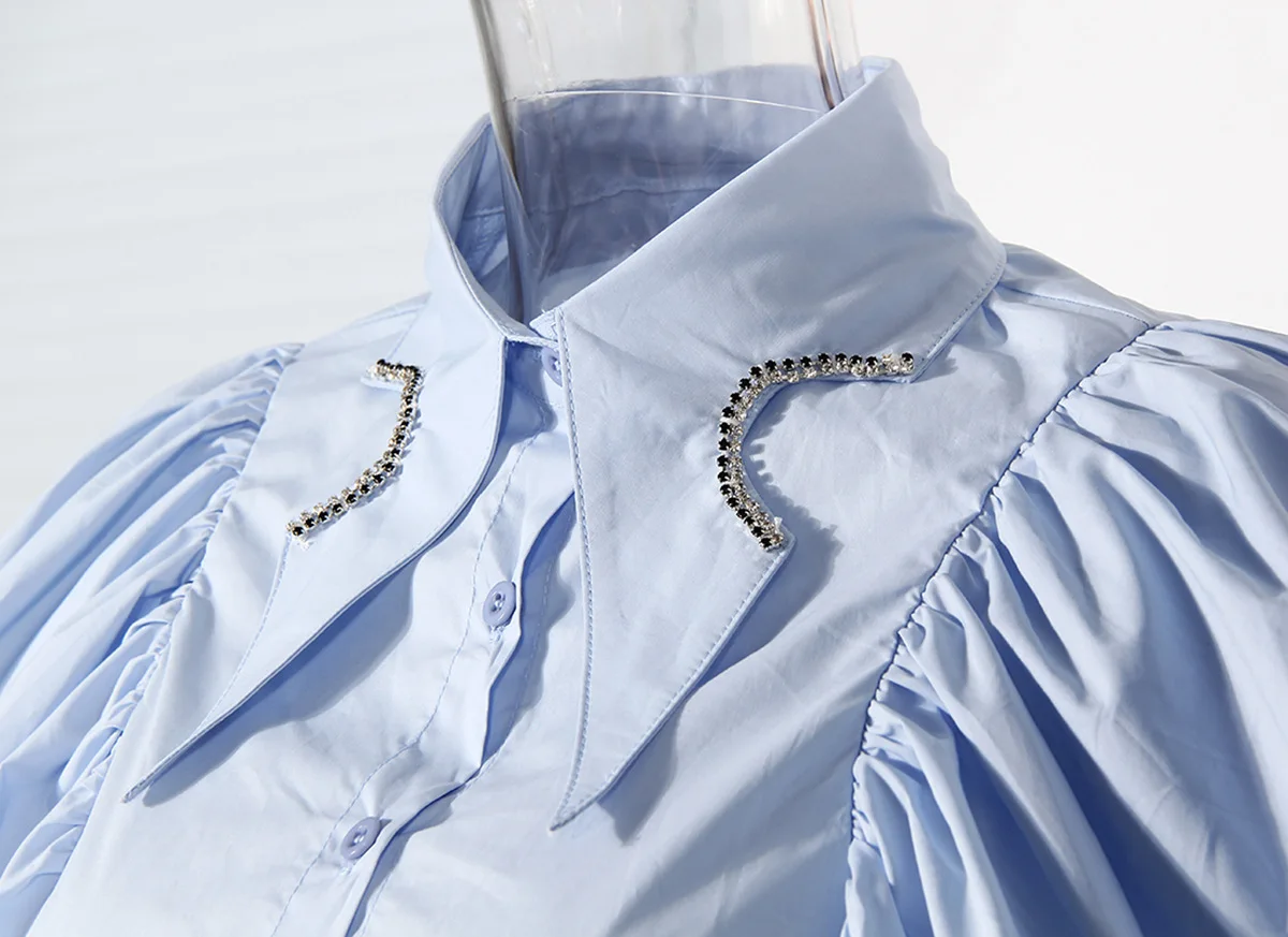 

GetSpring Women Blouse Retro Diamond Lantern Sleeve Shirt Cotton White Shirts Pleated Asymmetrical Hem Ladies Tops Summer