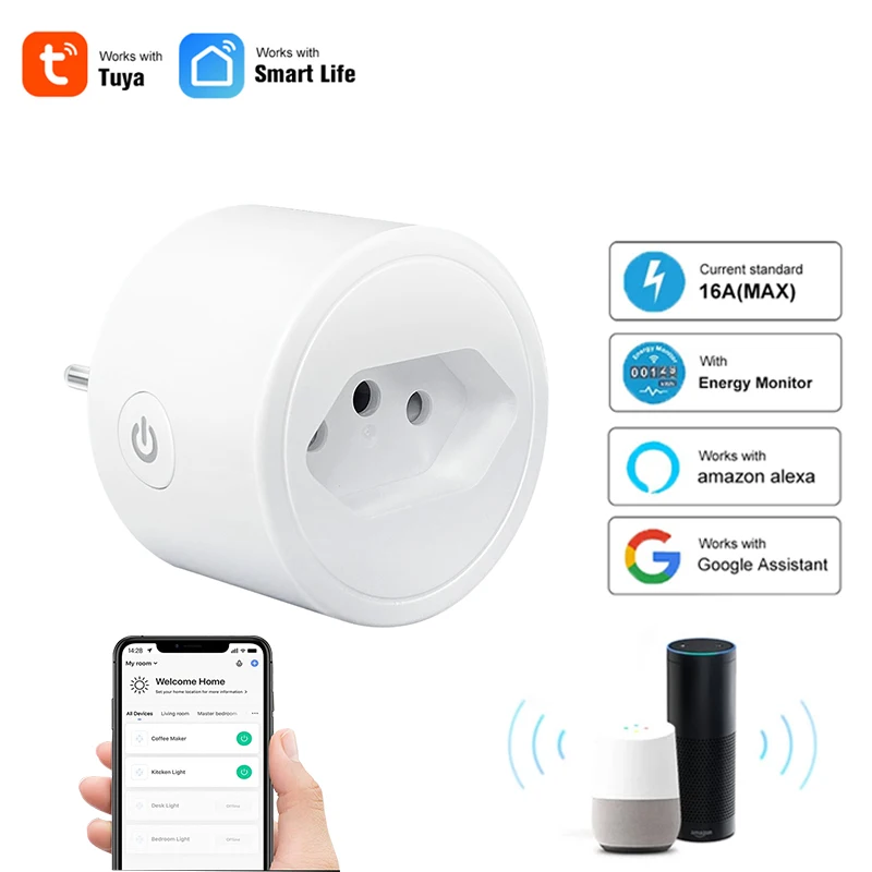 

RYWER Brazil Standard Tuya Smart Socket WIFi Smart Plug with Energy Monitoring,Wireless Remote Control,Voice Work With Alexa,