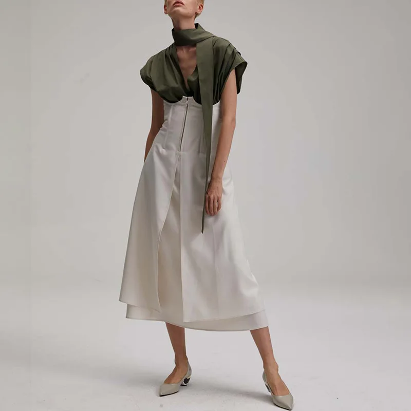 2020 Summer New Fashion Design Pleated V-neck Ribbon Top + High Waist A- Line Skirt Women Sets