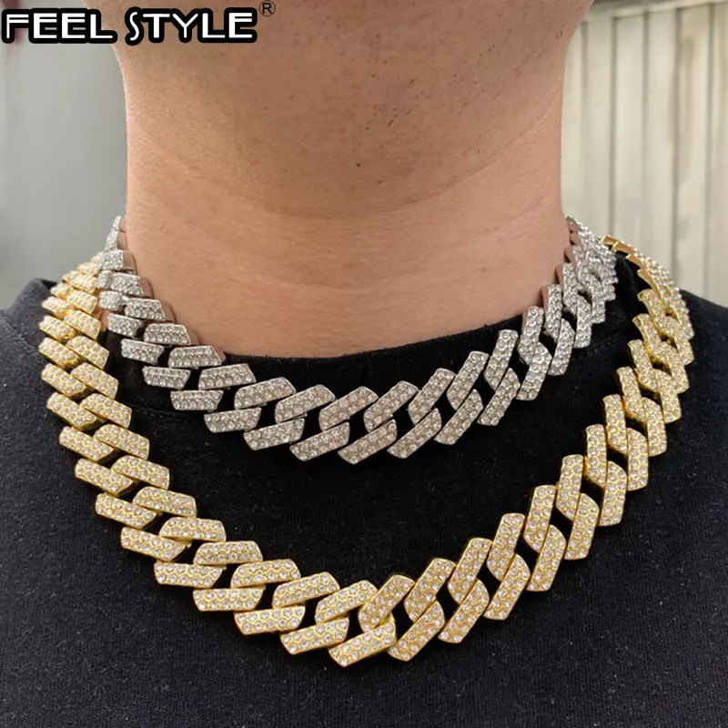 

1Set 20MM Gold Gold Heavy Iced Out Paved Rhinestones Cuban Chain CZ Bling Rapper Necklaces For Men Hip Hop Jewelry