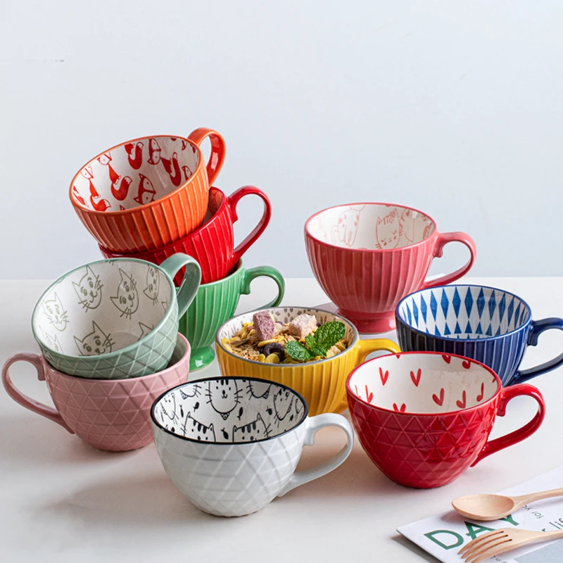 

Creative Nordic Style Hand Painted Cute Ceramic Cup Relief Bowl Underglaze Color Girls Breakfast Coffee Mug Gifts for Couples