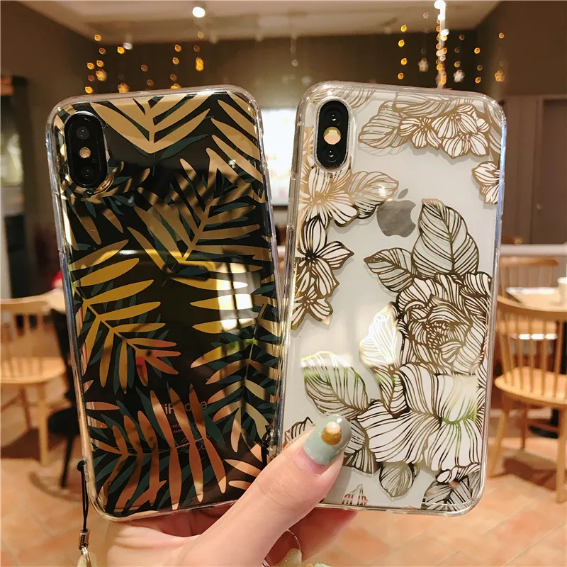 Gold leaf cover floral leaves case for iPhone 11 Pro Max 8 clear XR phone 6 Plus 6s 7 X XS |