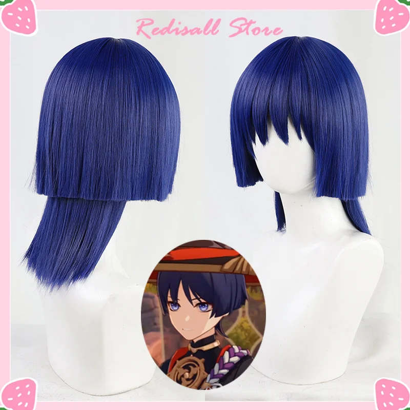 

Genshin Impact Fatui Scaramouche Cosplay Wig Navy Blue Short Hair Heat Resistant Straight Synthetic Wig Game Role Play Adult