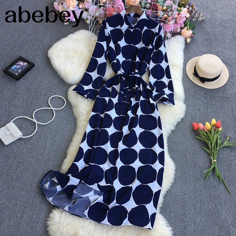 

Женское длинное платье-рубашка в горошек, однобортное платье с отложным воротником и длинными рукавами, длинное платье-рубашка с высокой та...