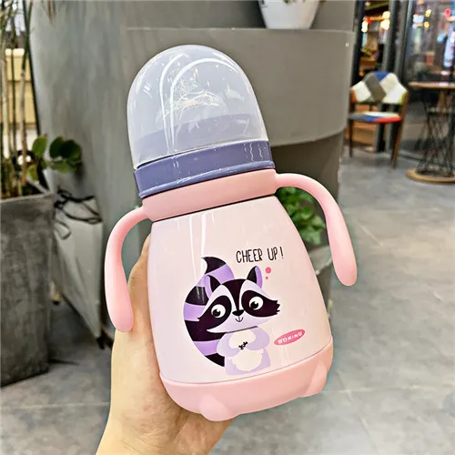 330ml Baby Feeding Cup with nipple Stainless Steel Insulated hot water Bottle leak-poof thermal Cup Milk Thermos for Children - Color: PINK