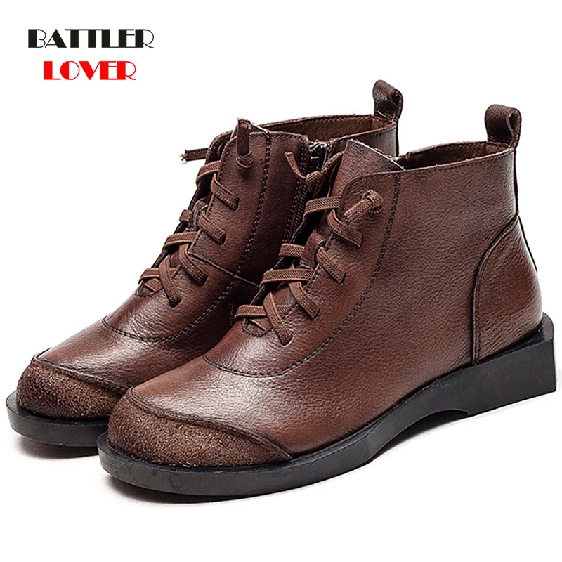 

100% Genuine Cow Leather Martin Boots For Women 2021 Side Zipper Lace-Up Soft Breathable Short Botas Female Motor Biker Footwear