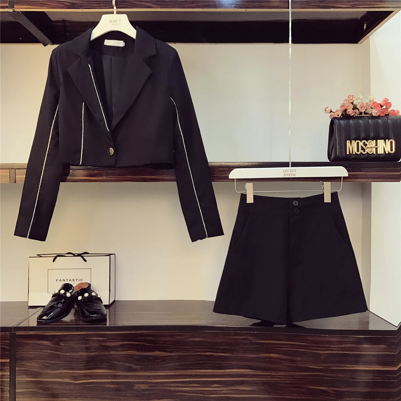 Autumn Outfit Blazer Sets Women High-end Drill Diamond Lapel Short Jacket + Casual Broad-legged Shorts Two-piece Suit Femme | Женская