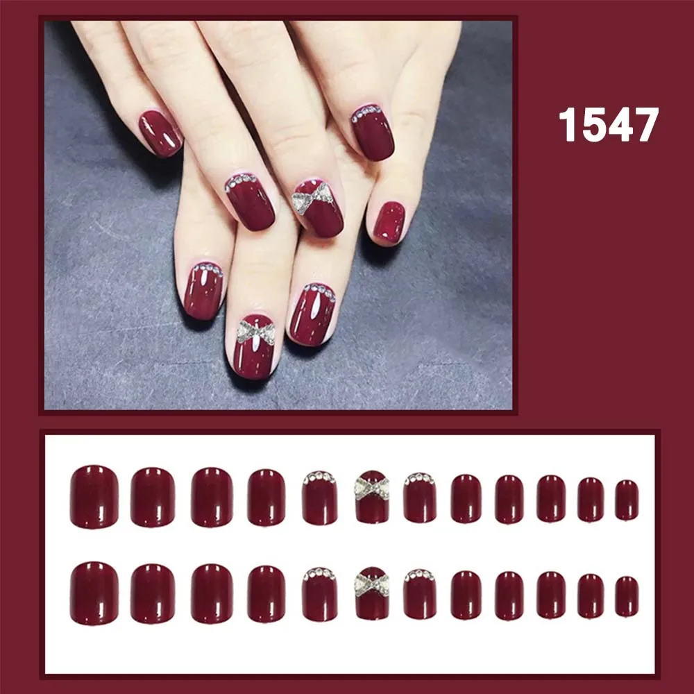 

24Pcs/Set Short Design Full Cover Resin Bowknot Decal False Nails Press On Fingernails with Glue Artificial Nail Accessories