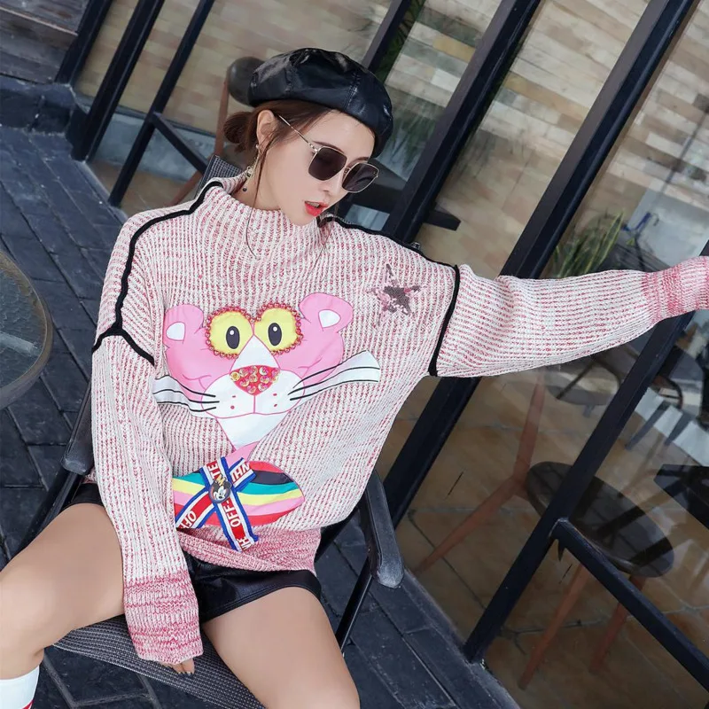 QING MO Women Pink Panther Turtleneck Sweater With Sequin Casual Loose Autumn Winter Elegant ZQY1198 | Женская одежда