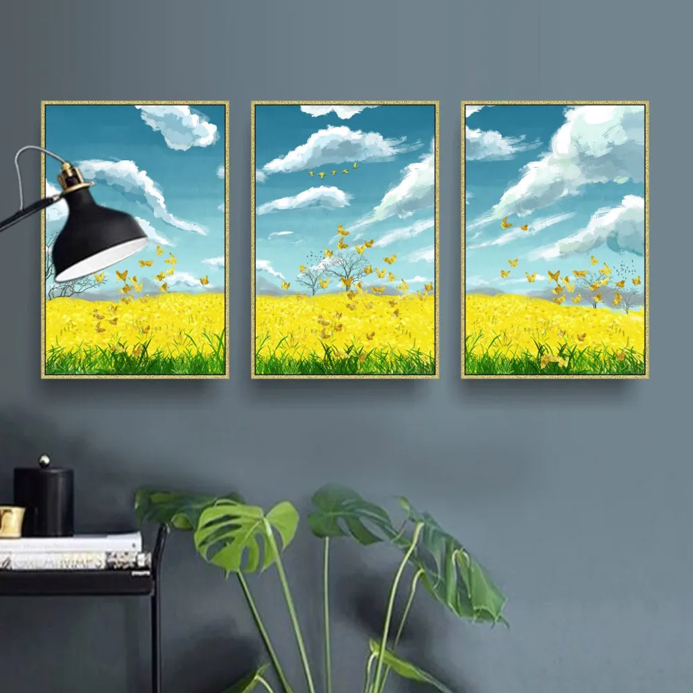 Пасторальный Золотой пейзаж скандинавский постер искусство голубое небо облака