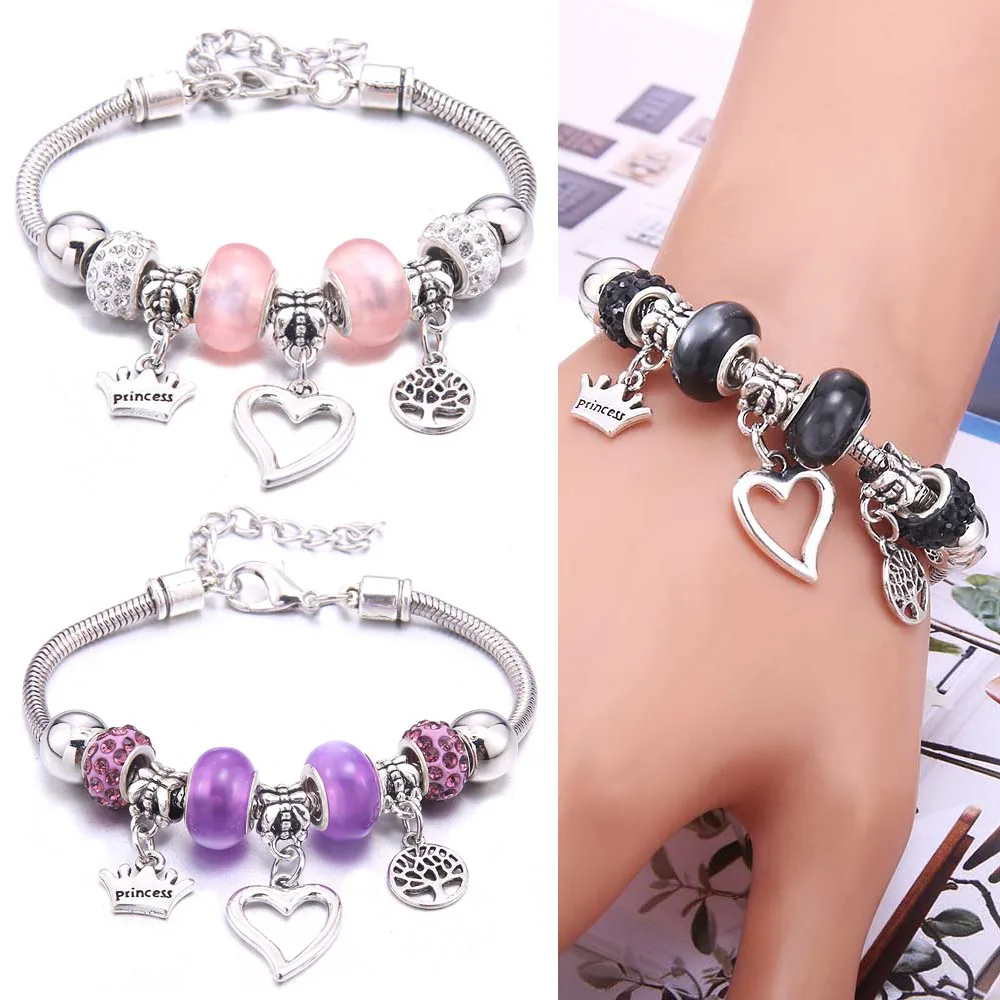

Silver Color Lovely Crown Heart Pendant Charm Bracelets With Cartoon Leaves Beads Bracelets For Women Jewelry Gift Bangle