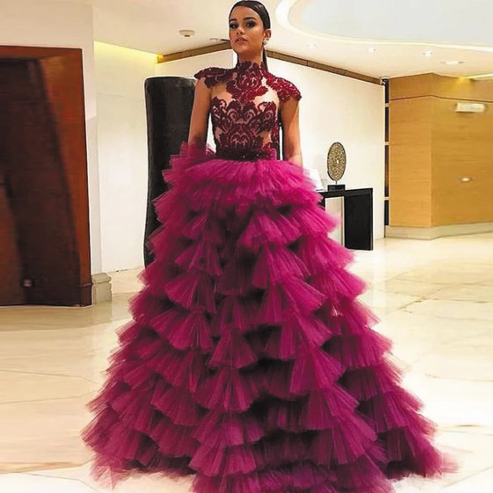 

SuperKimJo Tiered Ball Gown Prom Dresses 2020 High Neck Purple Lace Applique Elegant Vintage Prom Gown Vestido De Fiesta De Boda