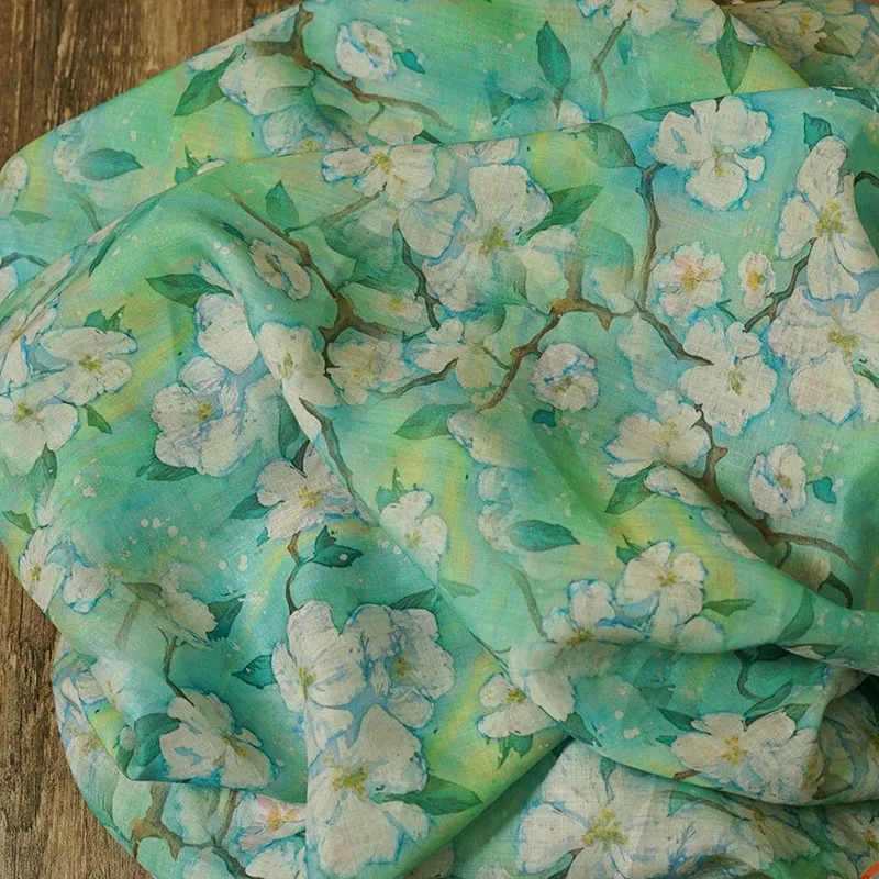 

High end pure ramie fabric Beautiful Magnolia printing sewing fashion dress shirt cheongsam tissu