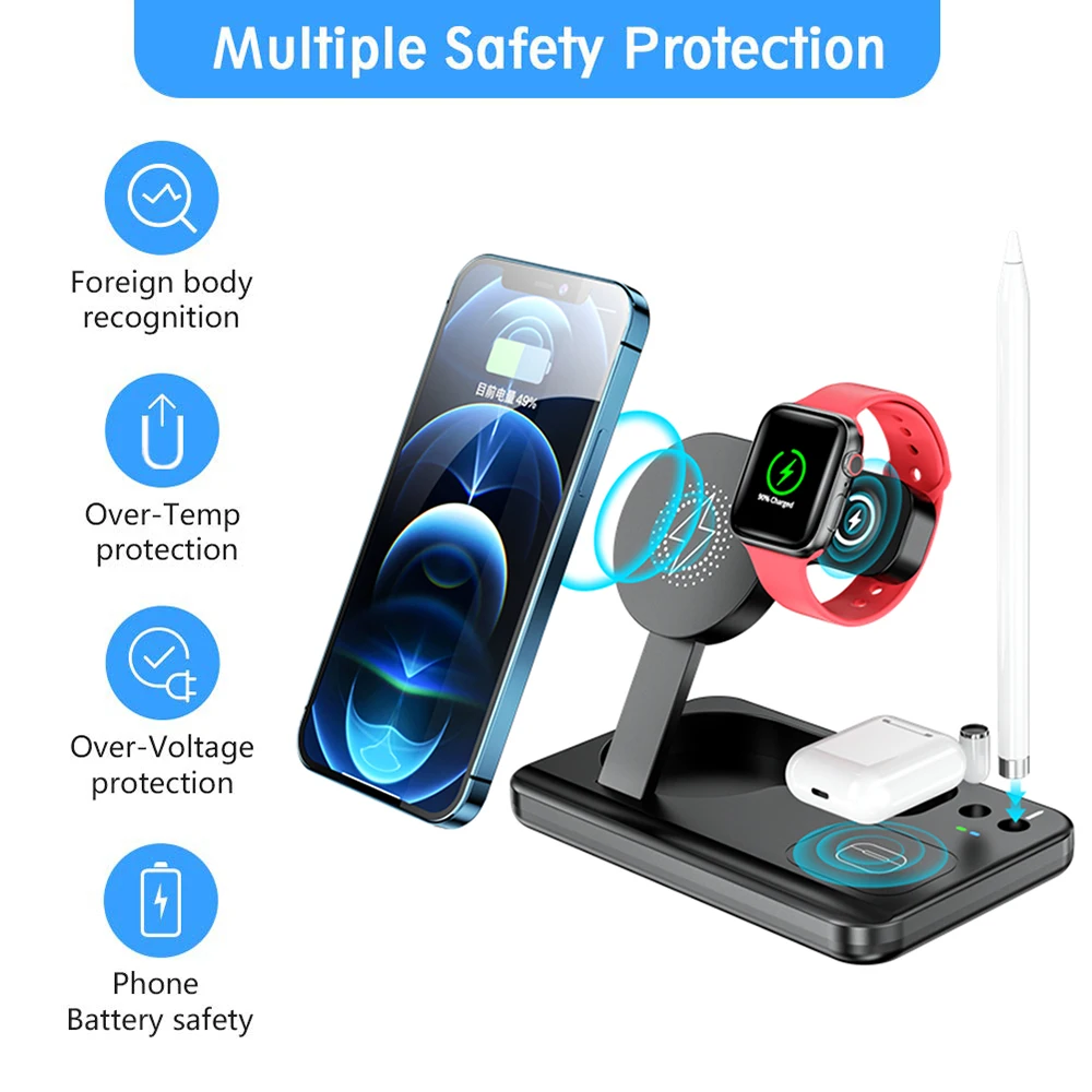

15W Qi Fast Wireless Charger Stand For iPhone Apple Watch Apple Pencil 4 in 1 Charging Dock Station for Airpods Apple Watch