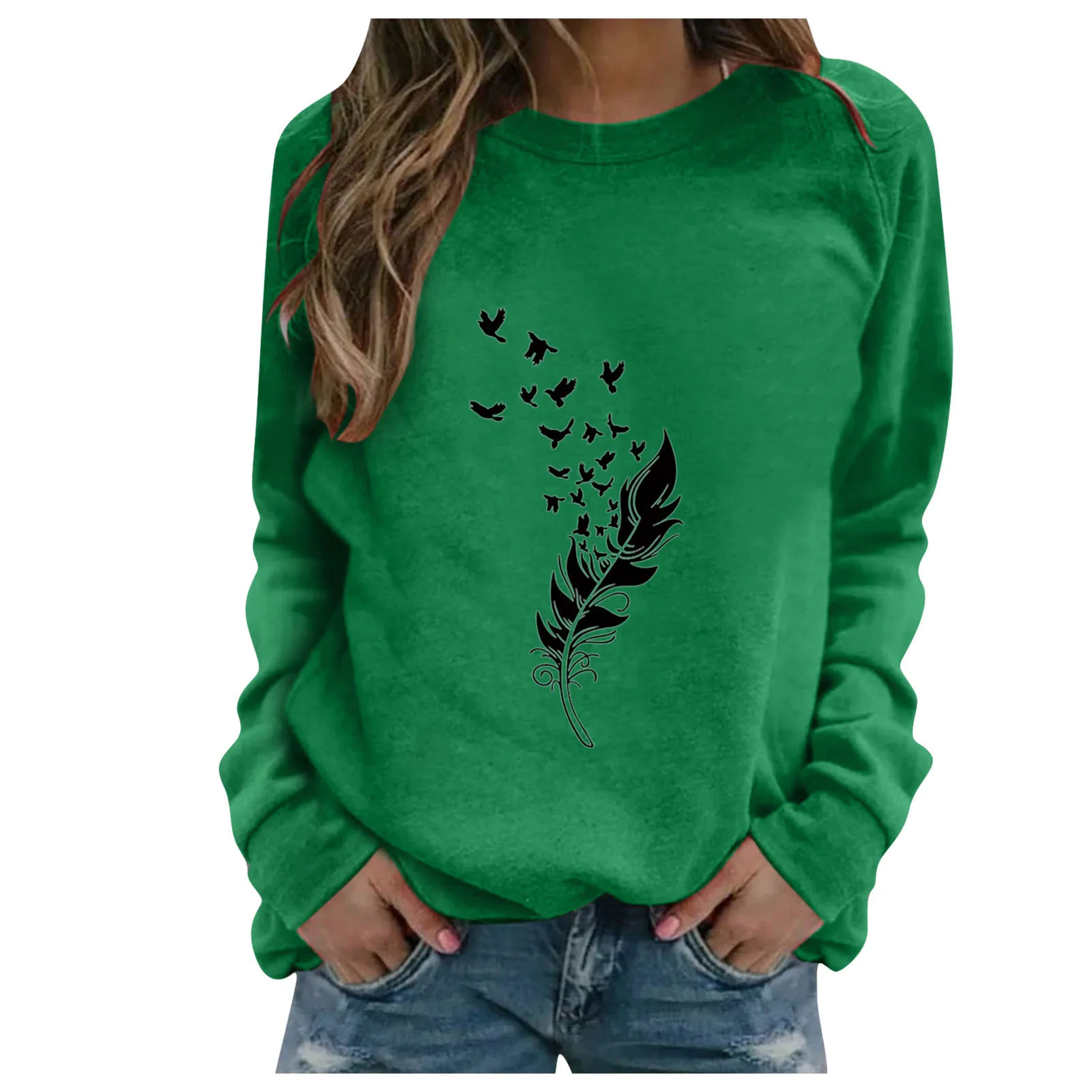 Harajuku Feather Print Hoodies Women Sweetshirts Casual Loose O Neck Long Sleeves Pullover Sweatshirt Spring Autumn Bluza Damska