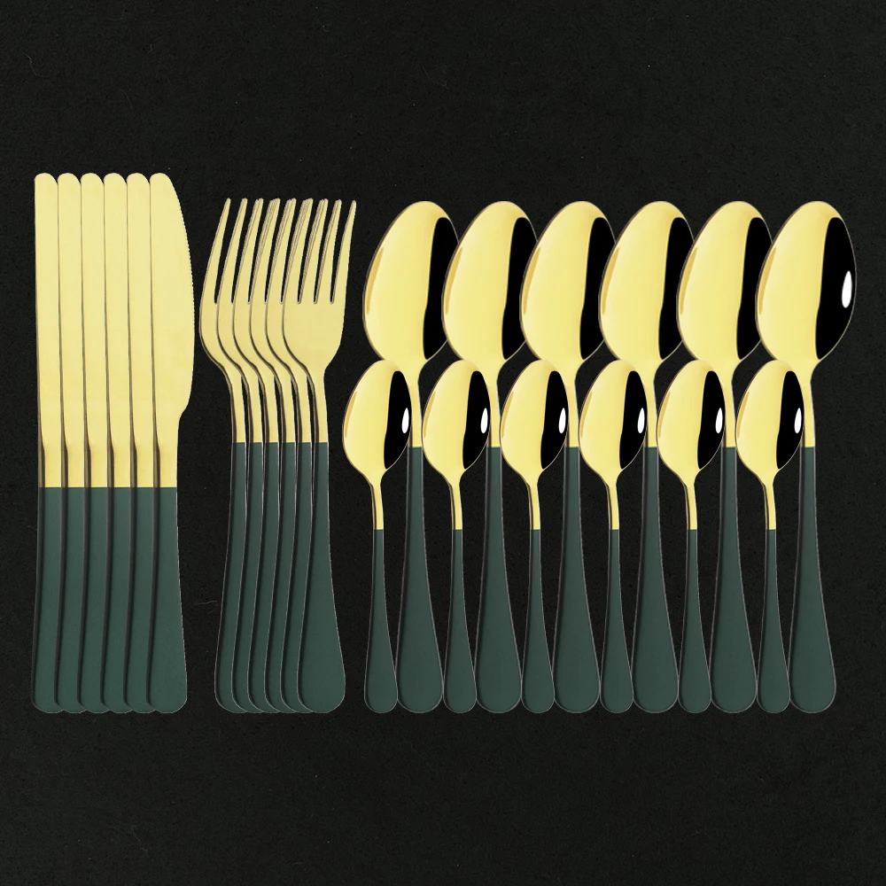 

Green Gold Dinnerware Cutlery Set 24Pcs Tableware Stainless Steel Flatware Forks Knives Spoons Kitchen Silverware Set For Home