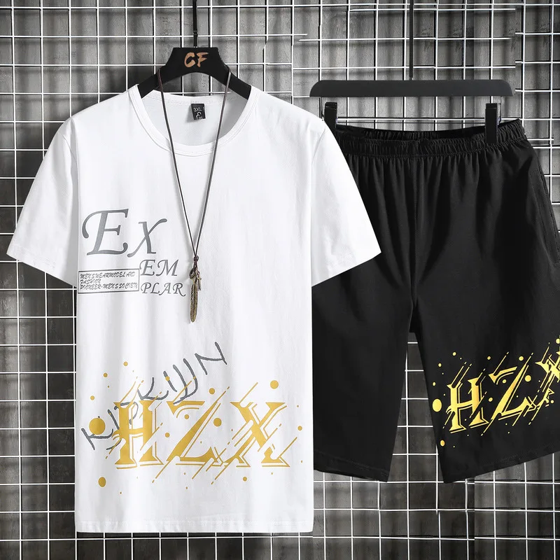 

Short-sleeved T-shirt Men's Summer Fashion Plus Size Youth Sports Casual Two-piece Set Ice Silk Five-point Shorts Printed Suit
