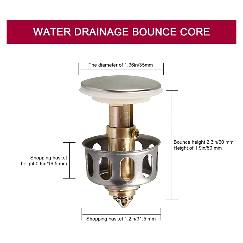 

6 Pcs Universal Wash Basin Bounce Drain Filter,No Overflow Sink Drain Plug with Basket,Kitchen Bathroom Strainer