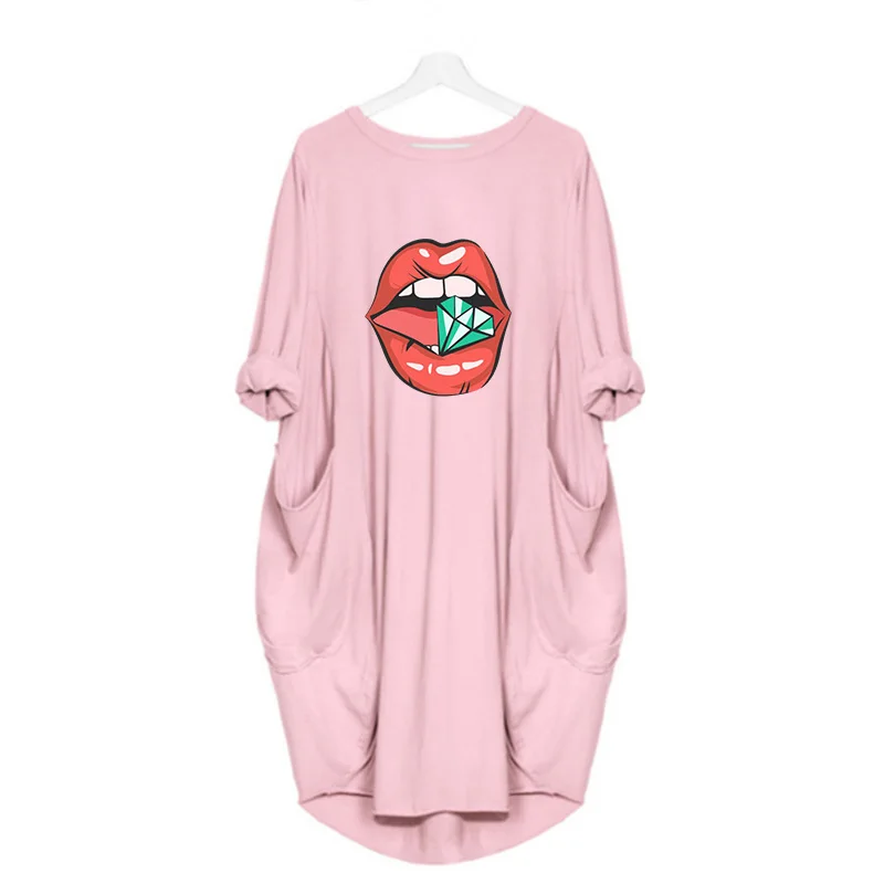 

Women Sexy Lips Print Dress Long Sleeve O-neck Plus Size Dresses Pocket Casual Loose Female Vogue Party Knee Length Vestidos