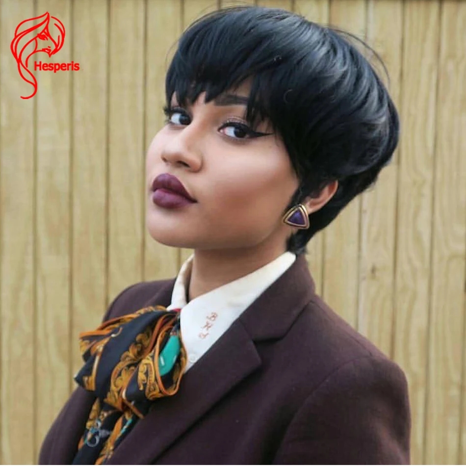 

Hesperis парик из человеческих волос с челкой, короткие бразильские парики без повреждения кутикулы, парики для черных женщин, короткий парик