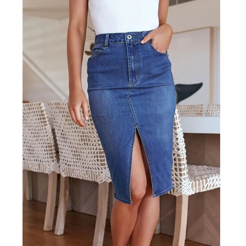 Женские джинсовые юбки синие потертые Penci с высокой талией Aberdeen до колен | Женская