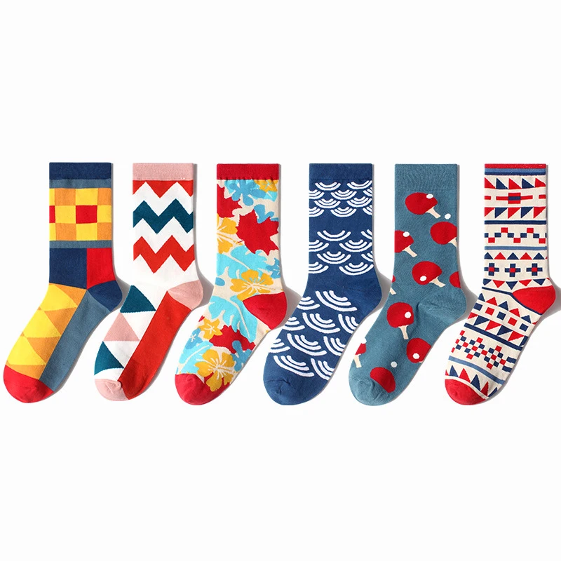 

Women Socks Colorful Striped Lattice Cartoon Print Lattice Racket Funny Harajuku Street Skateboard Sock Unisex Cotton Middle Tub