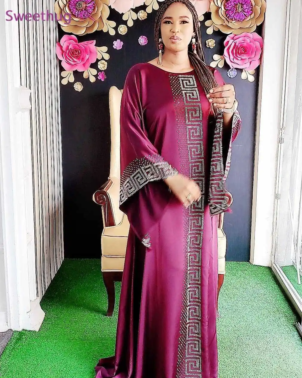 

African Design Dashiki Dress Silk Beading Abaya Bandage Maxi Bazin Vintage Long Sleeve Robe Gowns Africa Sexy Lady Party