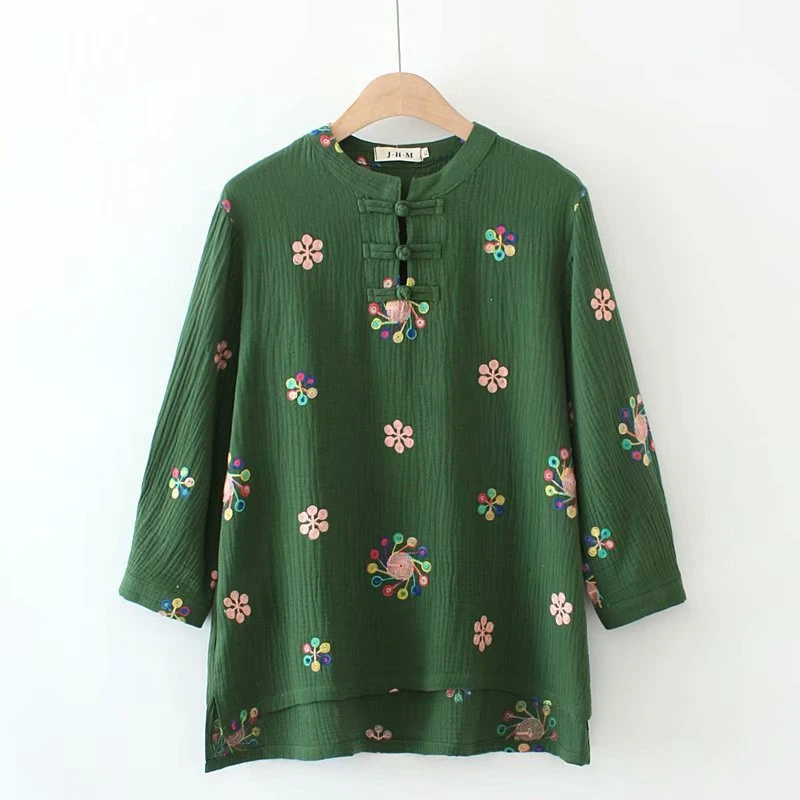 

Plus Size XL-4XL Tops Women's 3/4 Sleeve Floral Embroideried Shirts Vintage Casual Spring Summer T-shirts