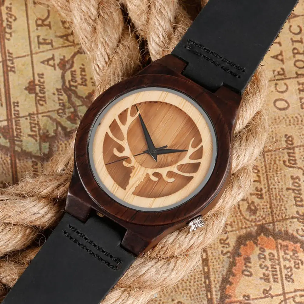 Часы YISUYA мужские винтажные с деревянной головкой кожаным ремешком из
