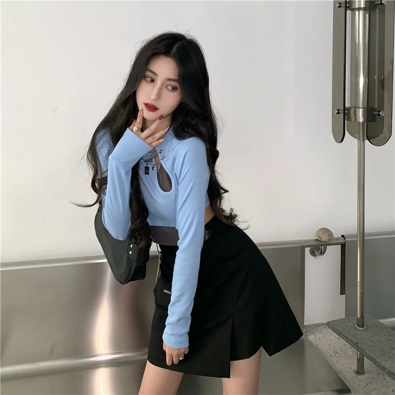 Женская короткая футболка с длинным рукавом облегающая весна-осень 2021 | одежда