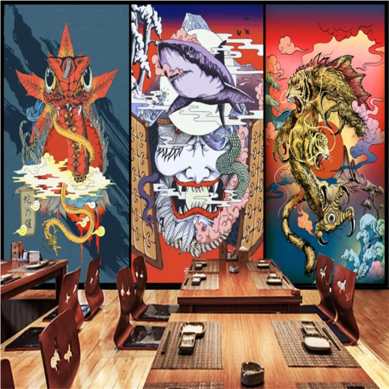 Japanese Ukiyo-e Monster 3D Photo Wallpapers for Sushi Ramen Cuisine Restaurant Industrial Decor Mural Wall Paper | Обустройство дома