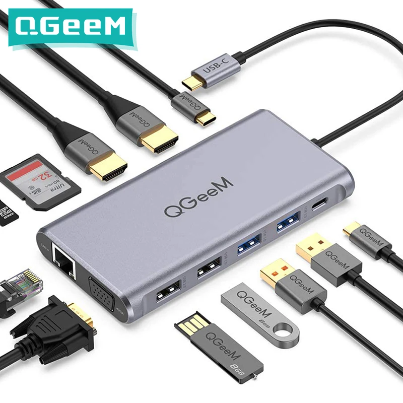 

Концентратор QGeeM USB C для Macbook Pro, хаб с тройным дисплеем типа C для 4K Dual HDMI VGA Micro SD карт, устройство чтения карт памяти RJ45, Aux, PD