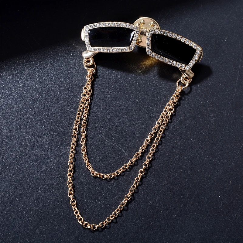 

Pinksee Newest Design Rhinestone Sunglasses Double Chain Brooches Women Girls Luxury Charm Metal Lapel Pins Jewelry