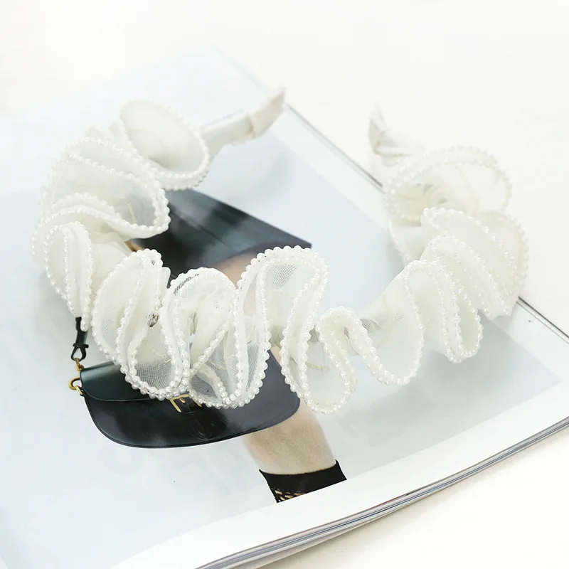 

New Style Pure Fairy Style Ladies Headband Sweet And Delicate Pearl Pure Color Net Yarn Headdress Wave Headband