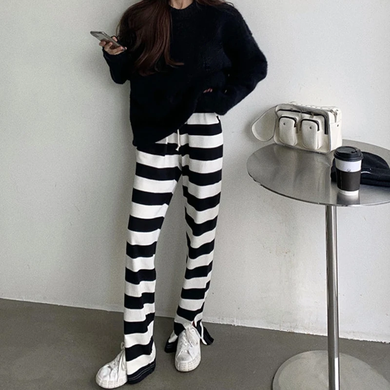 

FORYUNSHES Loose Home Pants High Waist Striped Wide Leg Straight Striped Side Split Trousers Sports Jogger Women Fashion Korean