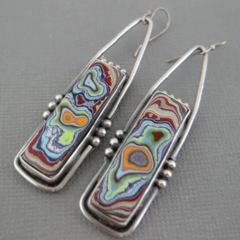 Vintage Water Drop Colorful Resin Stone Earrings Boho Jewelry Spiral Marbling Pattern Big Dangle for Women | Украшения и