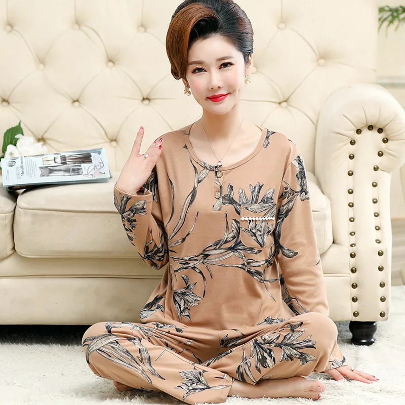

Middle-Aged And Elderly Mothers Cotton Pajamas Women'S Spring Autumn Long-Sleeved Pijama Home Service Sleepwear Plus Size XXXXL
