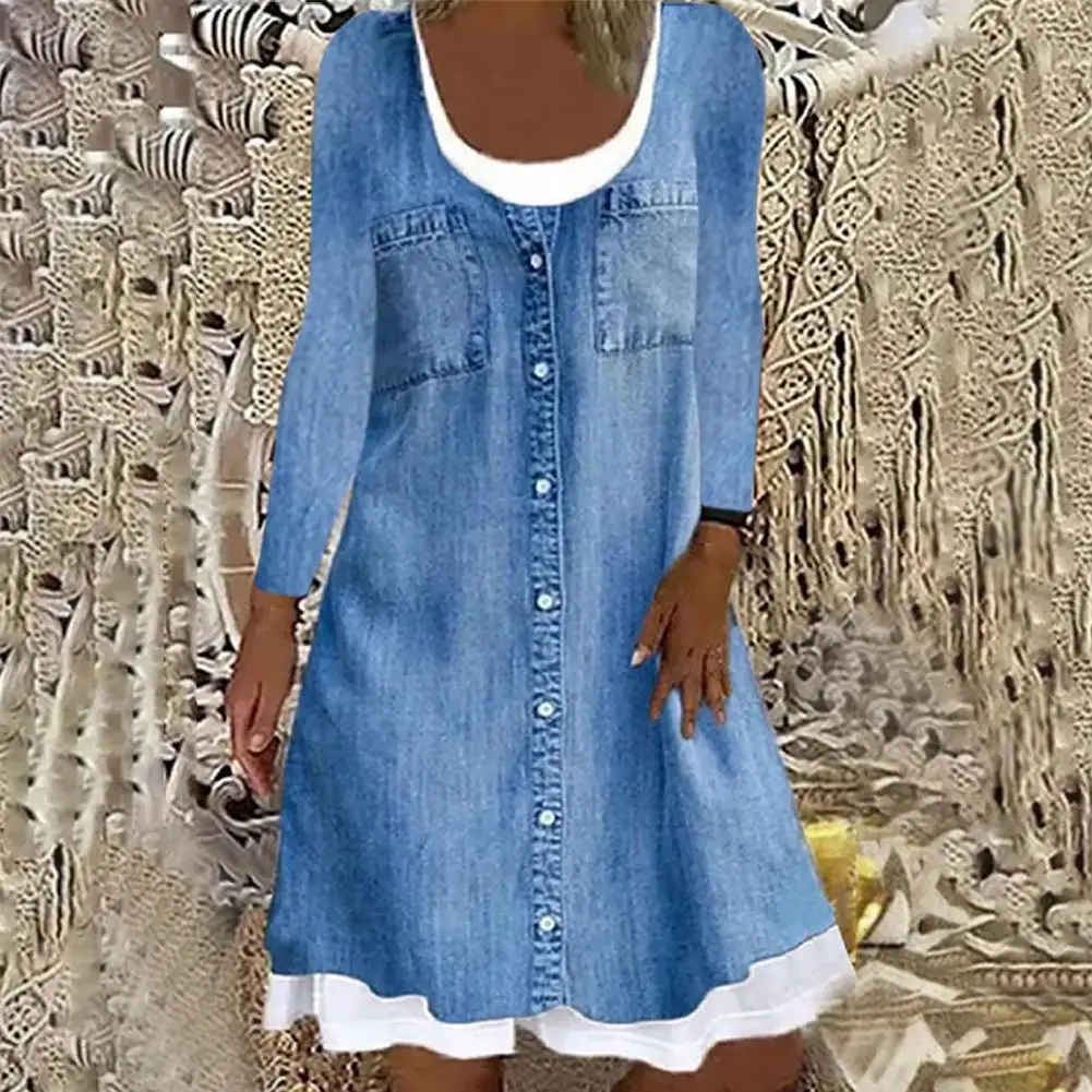 

Casual Fake Two Piece Imitation Denim Dress Autumn Imitation Denim Dress Long Sleeve for Dating