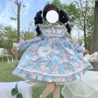 op lolita dress japanese cute cartoon rabbit doll collar long sleeve lace soft girl dress kawaii retro baby doll dress for women