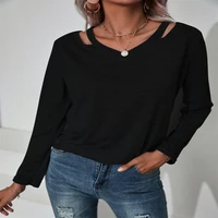 9885 2021 autumn new womens long sleeve top v neck street style loose fit solid tees