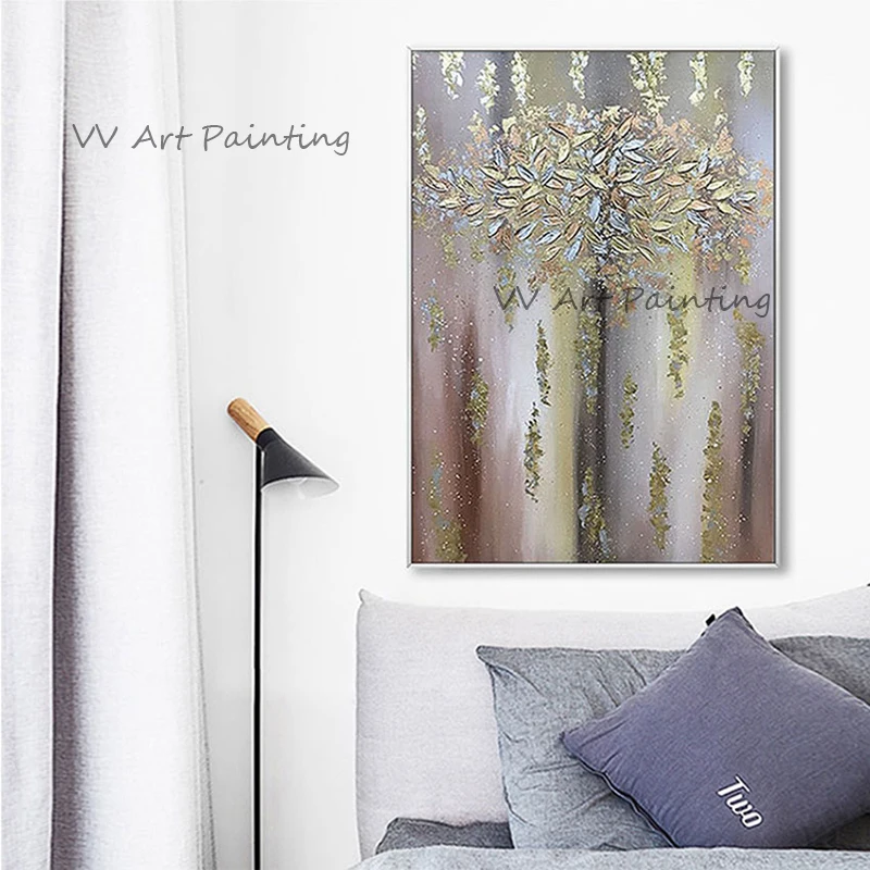 

Nordic Abstract Golden Yellow Handmade Tree Oil Painting Canvas Painting Money Tree Wall Art for Living Room Home Decor Cuadros