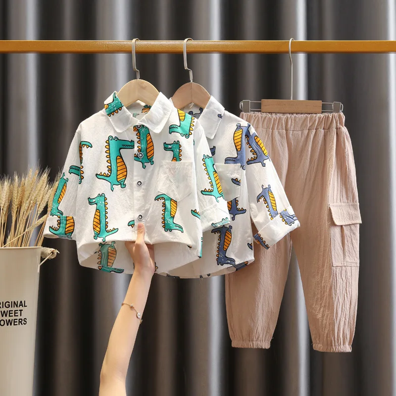 

Baby Boys Suit Lapel Shirt Pants Set Children Fashion Cartoon Dinosaur Spring Autumn Outfit Clothes