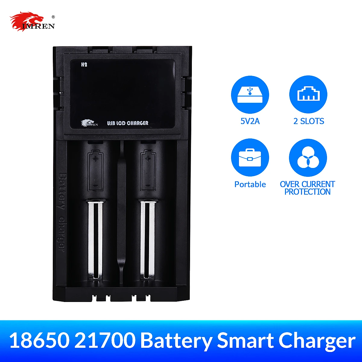 

IMREN H2 3.7V 2 Slots 2A Fast Usb Rechargeable Battery Charger For 26650 18650 16340 18350 18490 14500 10440 C AA AAA 6F22/9V