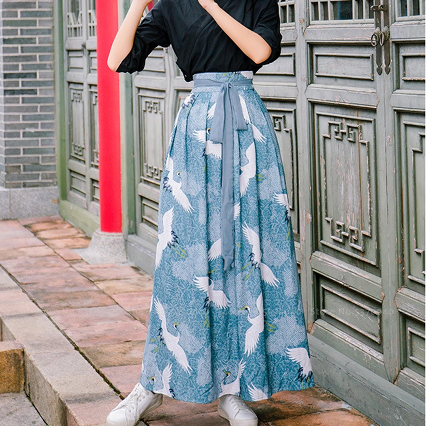 Японский стиль женские юбки с высокой талией восточные китайские принты