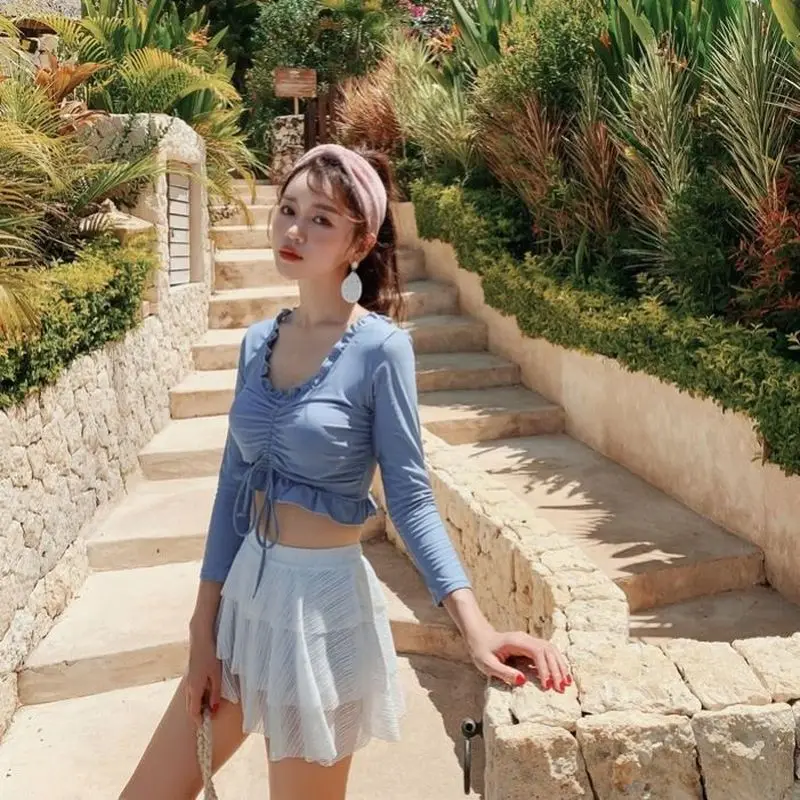 

Swimsuit Woman 2021 Japanese Long-Sleeved Conservative Sweety Separate Student Female Set Fairy Bathing Suit Hot Spring Swimwear