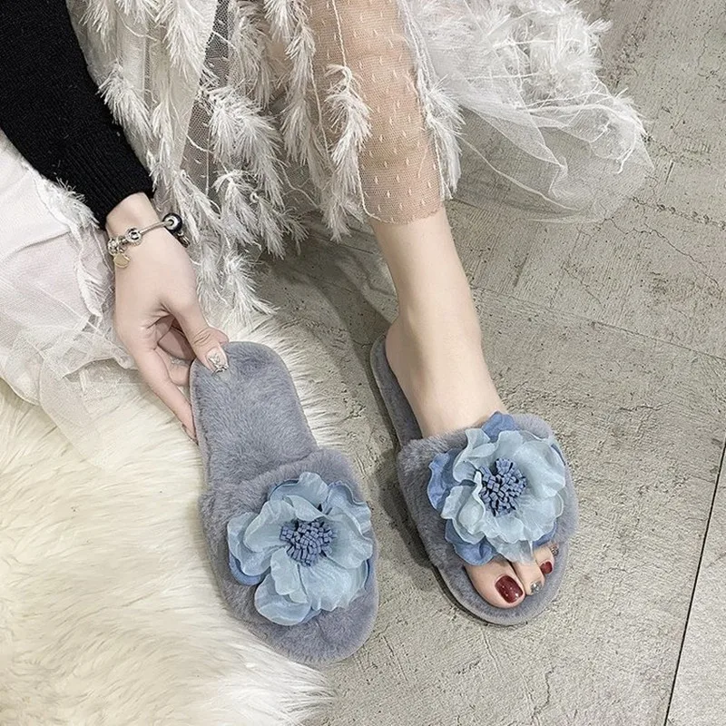 

2021 Winter Women Flat-bottomed Flowers Sweet Designer Slides Large Size 40 Home Furnishing Plush Cotton Slippers Indoor Warmth